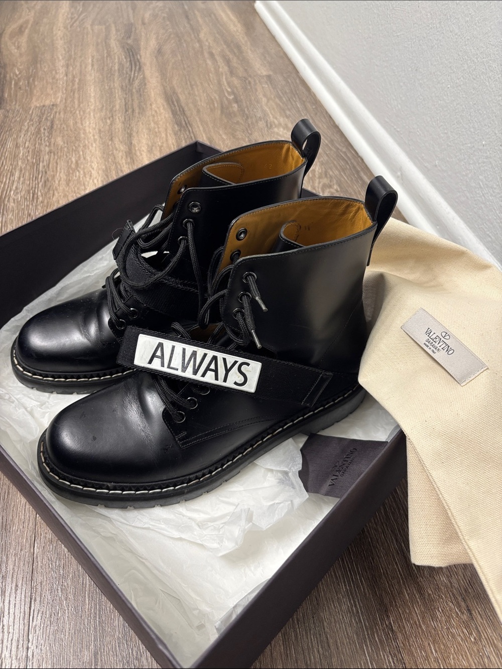 Valentino Black Leather Combat Boots with 'ALWAYS' Strap